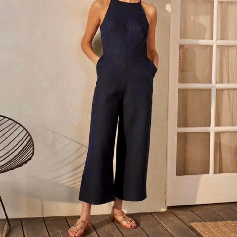 Boden Halterneck Linen Jumpsuit in Navy